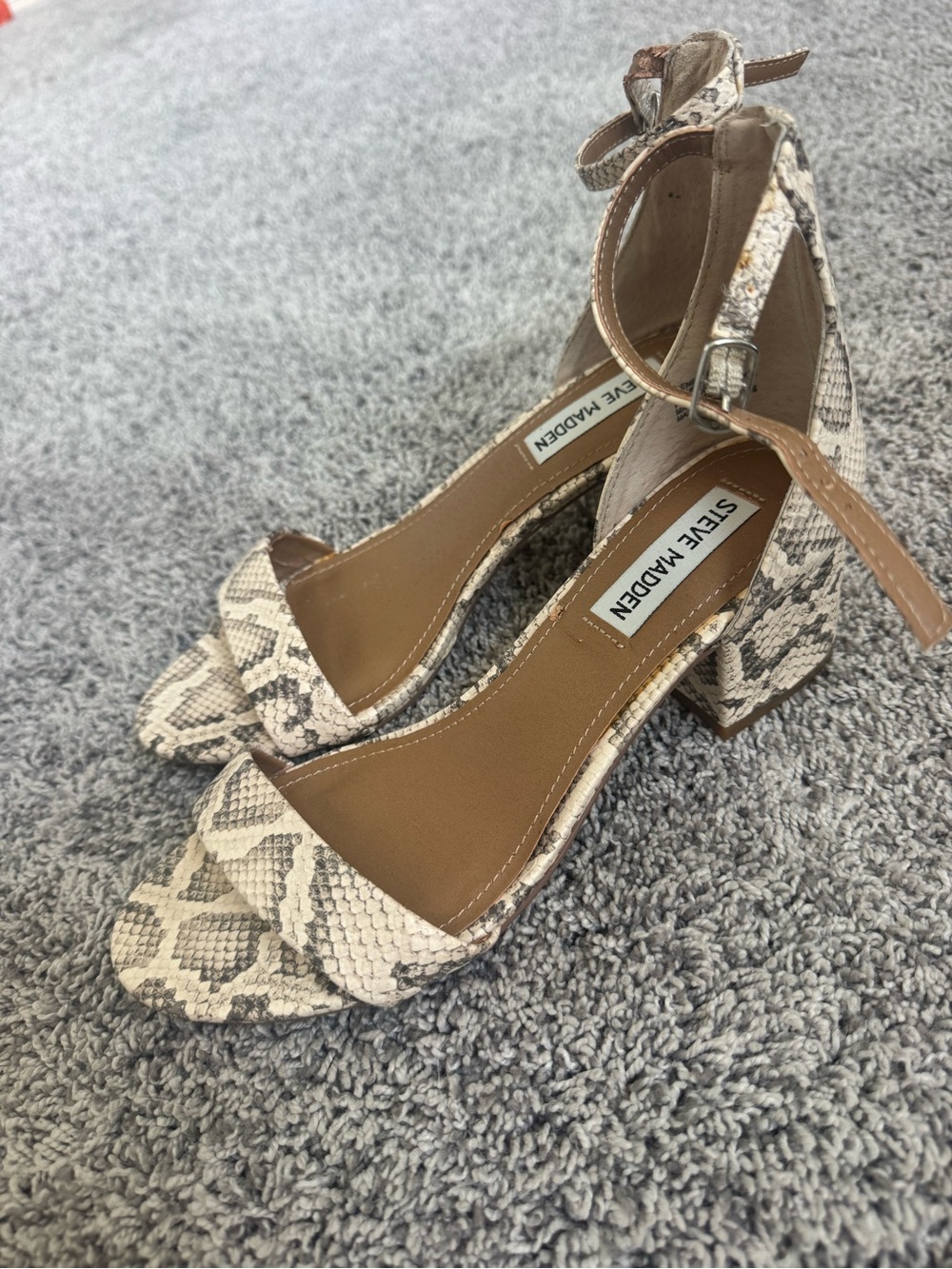 Steve Madden Snake-Print Ankle Strap Block Heels in Beige and Brown